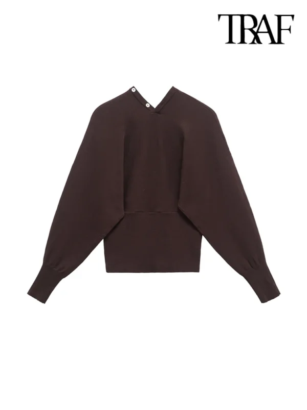 TRAF Women's Fashion Front Button V Neck Knit Cardigan Sweater Long Sleeve Fitted Hem Chic Outerwear Female Tops - Image 2