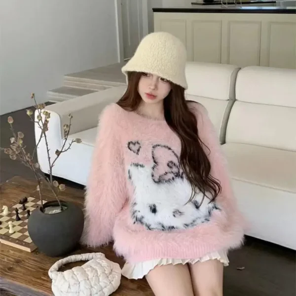 Kawaii Hello Kitty Sweater Sanrioed O-Neck Lazy Mujer 2024 Autumn Sweet Knitted Pullover Y2K Girls Waterproof Mink Tops Women - Image 6