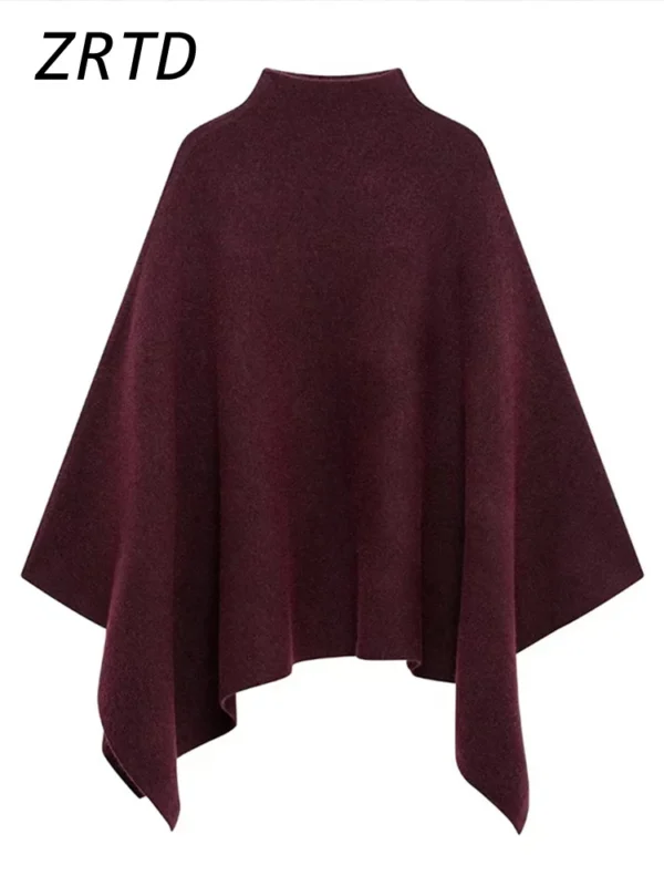 Elegant Women's Burgundy Cloak Turtleneck Sweater Vintage Loose Knit Raglan Sleeve Pullovers 2024 Autumn Lady All-match Knitwear - Image 5