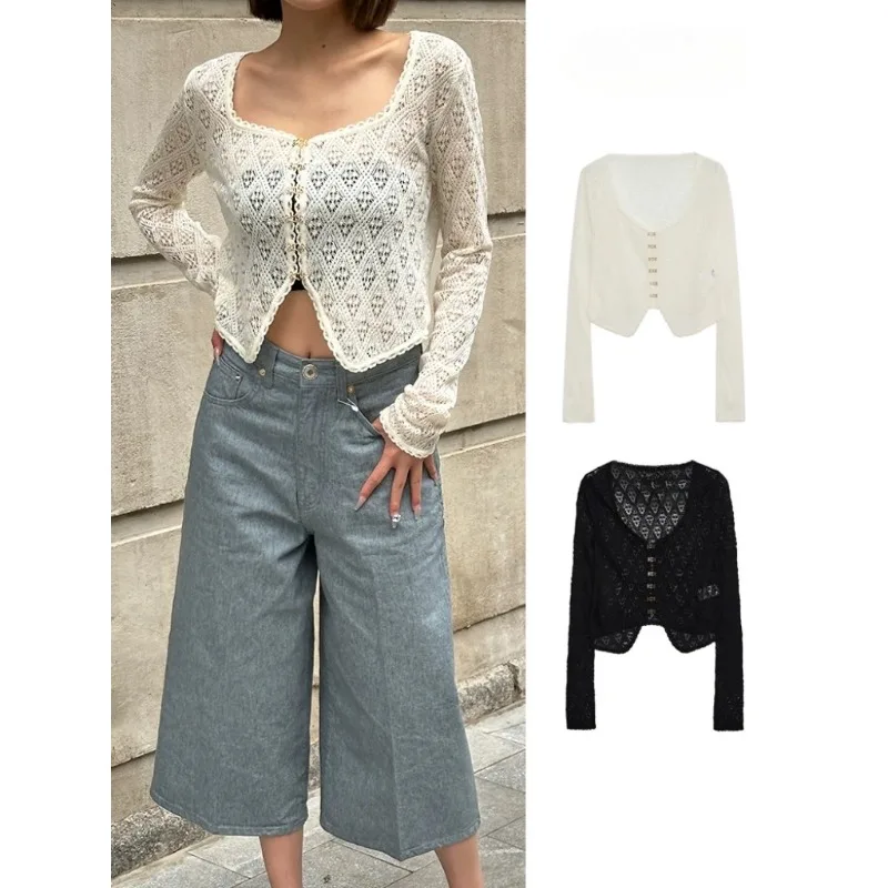 LUXURY Long Sleeve Hollow Out Knit Top, Korean Niche, Thin, Single Breasted, High Quality, Spring, Summer, Brand New, 2025