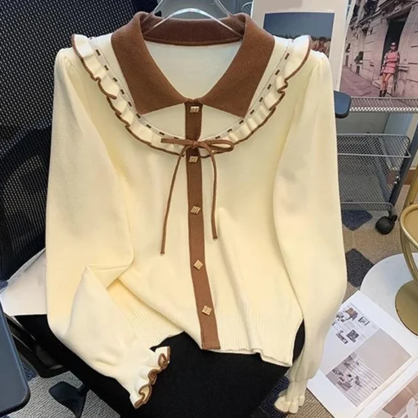Women's Ruffled Long Sleeve Knitted Sweater Single Breasted Lapel Bowknot Tops