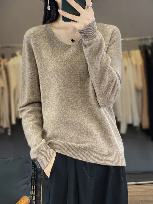 Women New 100% Merino Wool Sweater V-neck Pullover Autumn Winter Casual Knit Tops Solid Color Regular Female Cashmere Clothing - Image 2