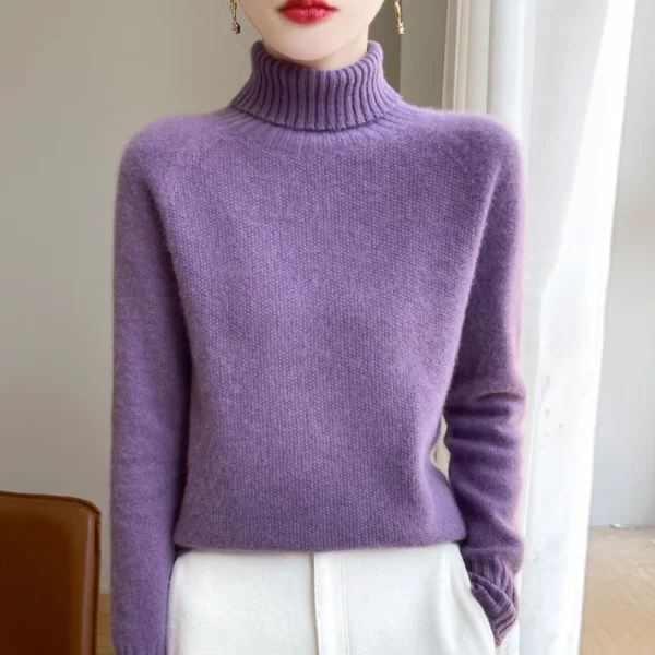 New seamless integration in autumn and winter 100% merino wool sweater women's high lapel loose slim warm knit bottoming sweater - Image 3