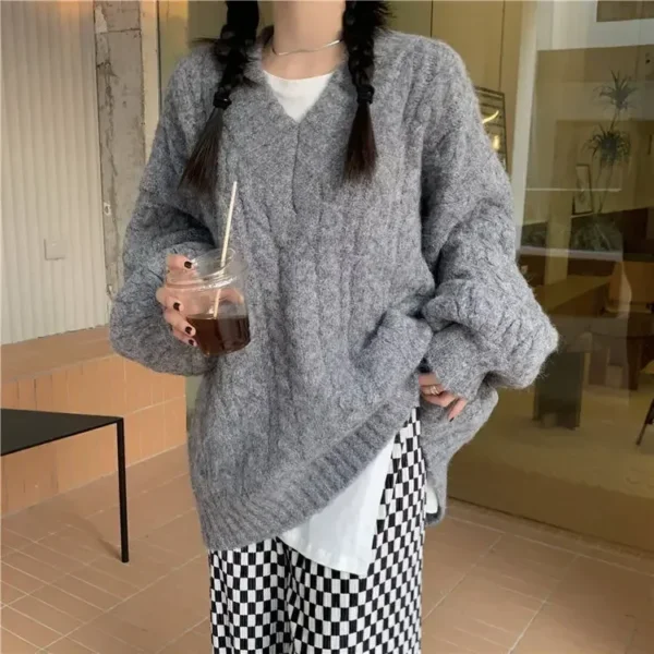Women V Neck Thick Sweaters Knitted Twist Pullovers Jumpers Y2k Casual Loose Cute Solid Warm Tops Autumn Winter Streetwear - Image 4