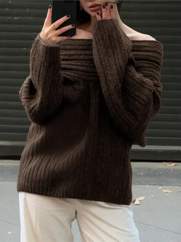 Women Sexy Solid One Neck Ribbed Sweater Fashion Off Shoulder Long Sleeve Knitted Pullover 2024 Autumn Lady Chic Street Knitwear - Image 3
