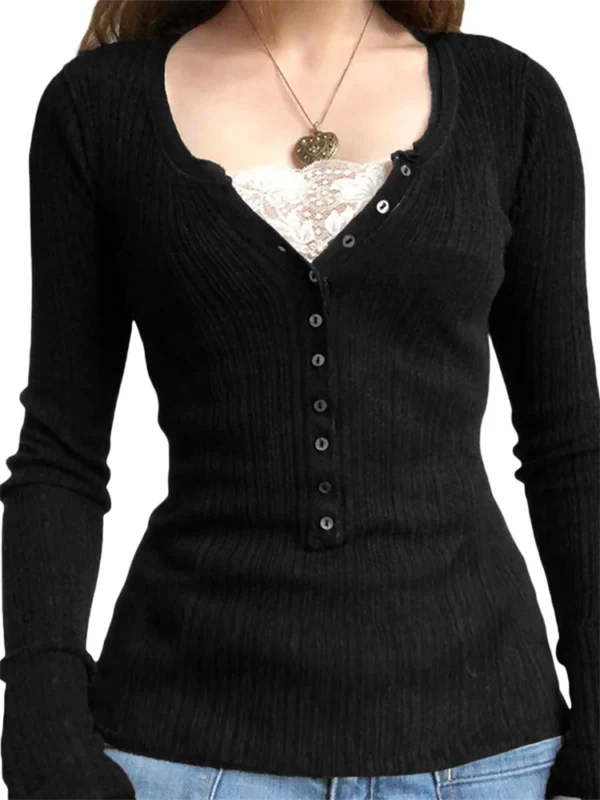 Women Button Front Knit Tops Long Sleeve Lace Patchwork Slim Fit Sweater Fall Fairy Grunge Gothic Y2K Clothes - Image 3