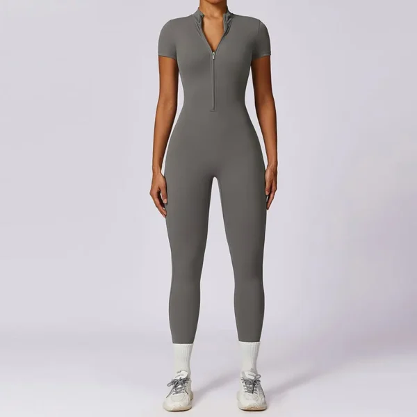 Summer Short Sleeved Zippering One-Piece Yoga Suit Dance Fitness Workout Set Stretch Bodysuit Gym Clothes Push Up Sportswear - Image 4