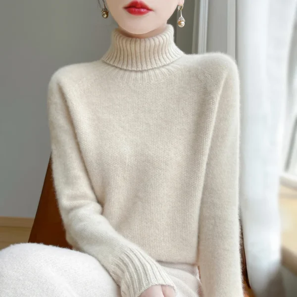 New seamless integration in autumn and winter 100% merino wool sweater women's high lapel loose slim warm knit bottoming sweater - Image 6