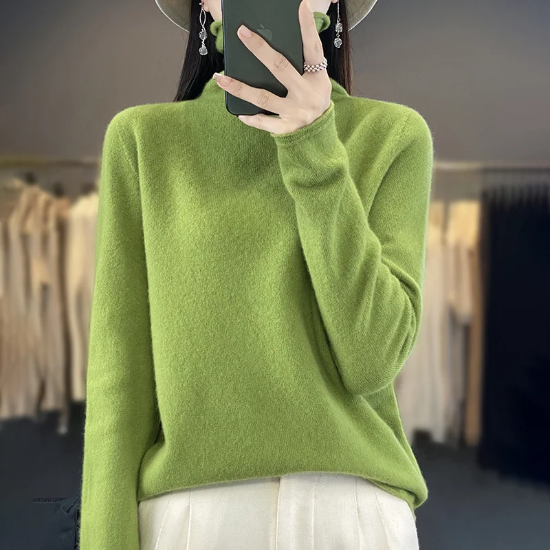 100% pure wool female turtle neck new solid color high-end loose Joker knit pullover - Image 6