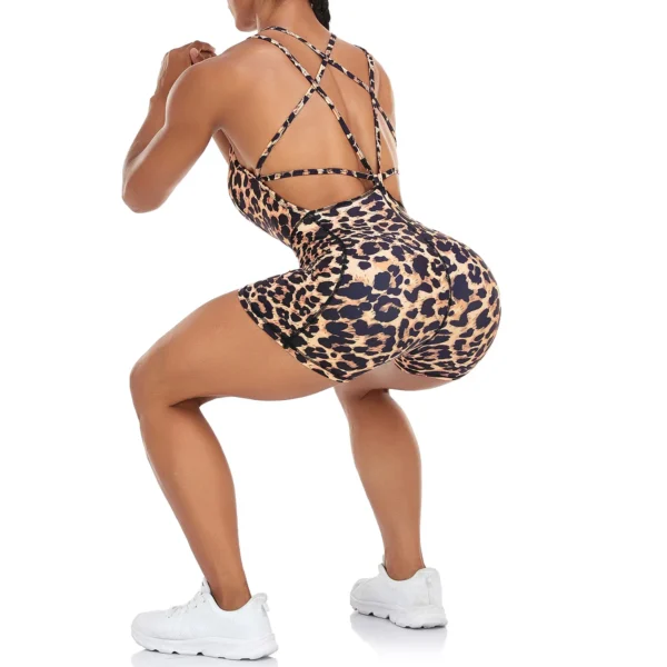 Women Yoga Backless Leopard Jumpsuit Workout Catsuit Bodysuit Sleeveless Gym Bodycon Romper Sexy Sportswear Fitness Yoga Suit - Image 4