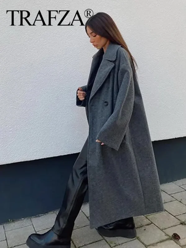 TRAFZA Winter Coat For Women 2024 Solid Lapel Double Breasted Long Cardigan Top Female Pokcet Streetwear Woman New In OuterCoat - Image 5
