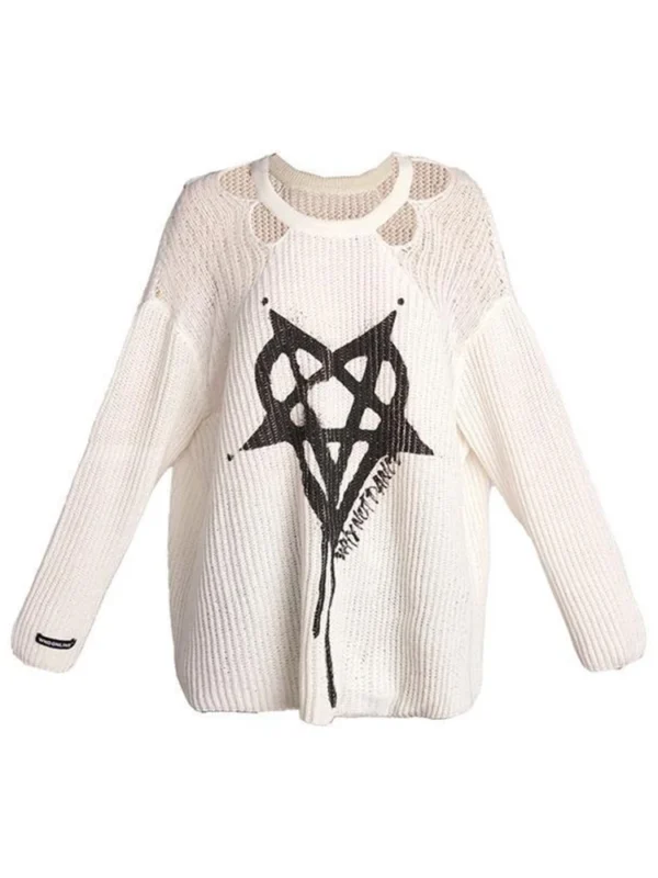 AltGoth Harajuku Streetwear Knitted Sweater Women Cyber Punk Y2k Pentagram Printed Long Sleeve Hollow Out Loose Casual Pullover - Image 3