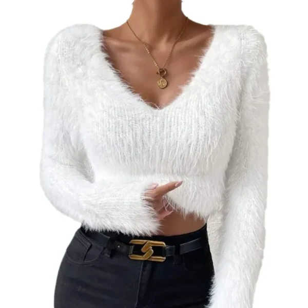 Women's Sexy V Neck Long Sleeve Slim Sweater Korean Style Solid Color Cropped Top Fall/Spring Casual Knitted Pullover - Image 5