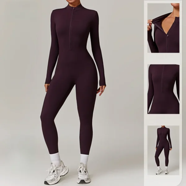 FUBEIKE Zipper Nude Feel Close-fitting Fleece Yoga Jumspsuit Outdoor Winter Warm Bodysuit Seamless Tights Woman Sportswear - Image 3