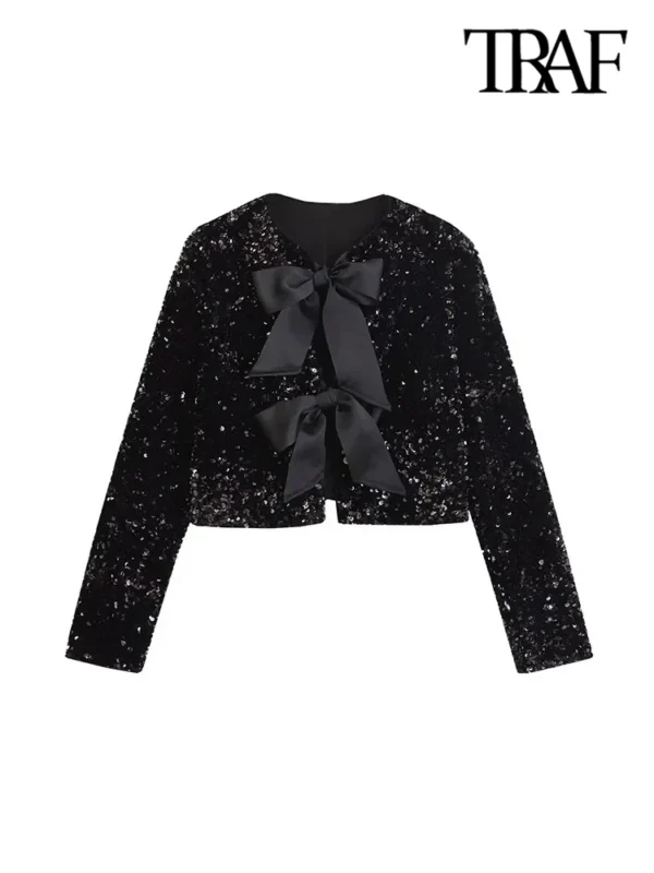 TRAF-Women's Long Sleeve Sequined Cropped Jacket, O Neck Coat, Female Outerwear, Chic Tops, Bow Tied - Image 4