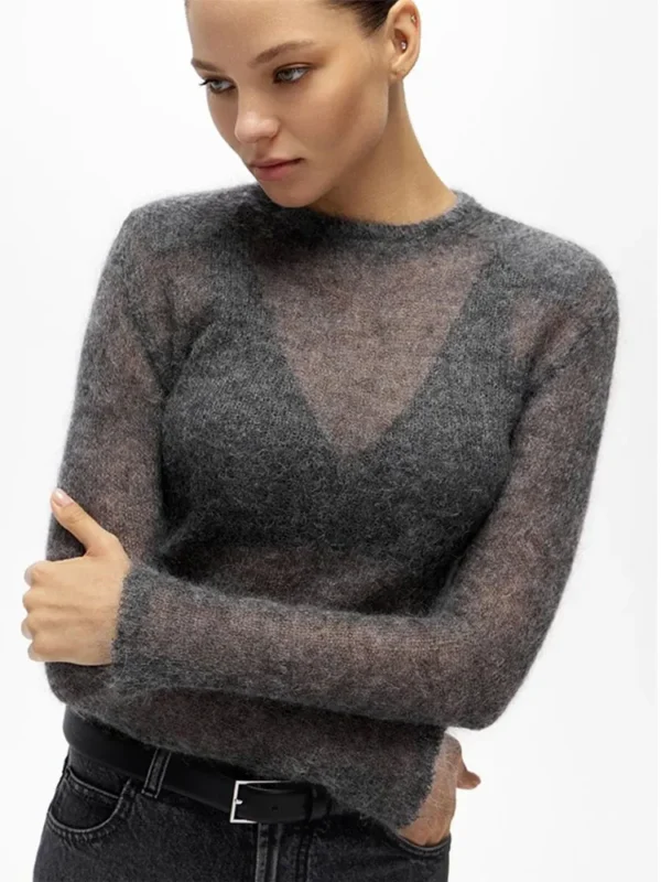 Solid Round Neck Thin Knitted Sweater For Women Fashion Commuting Long Sleeve Pullover 2024 Autumn New Female High Street Jumper - Image 6