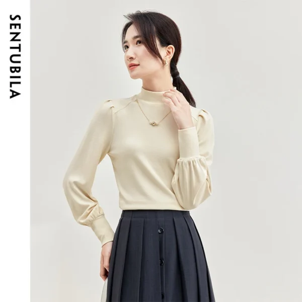 SENTUBILA Cotton Knit Slim Fit Pullovers Women 2025 Spring Hight Collar Pearl Chain Lanter Sleeve Elegant Tops Ladies 143H56768X - Image 5