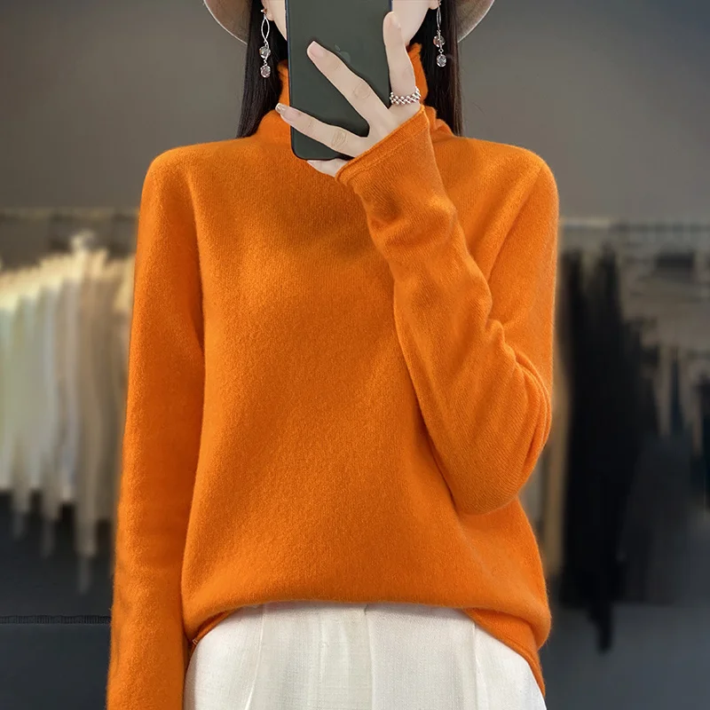 100% pure wool female turtle neck new solid color high-end loose Joker knit pullover - Image 2