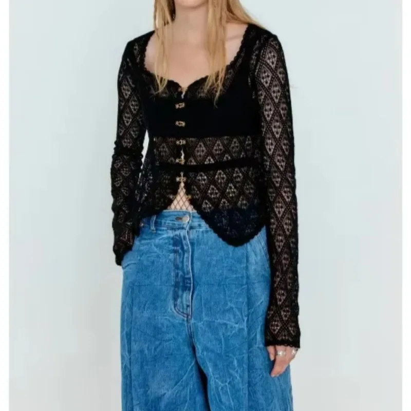 LUXURY Long Sleeve Hollow Out Knit Top, Korean Niche, Thin, Single Breasted, High Quality, Spring, Summer, Brand New, 2025 - Image 6