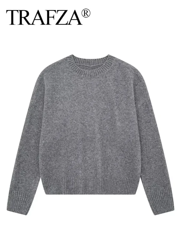 TRAFZA Autumn Winter Women Gray Pullover Sweaters Female Long Sleeve Loose Knit Jumper O-Neck Knitted Oversized Outerwear