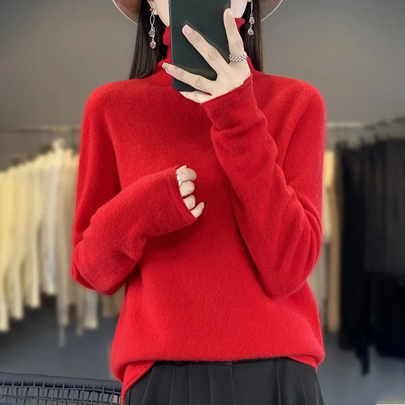 100% pure wool female turtle neck new solid color high-end loose Joker knit pullover - Image 4