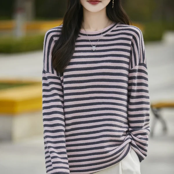 Autumn Winter New 100% Wool Sweater Women's Round Neck Striped Loose Long Sleeved Pullover Korean Fashion Knit Clothing Female