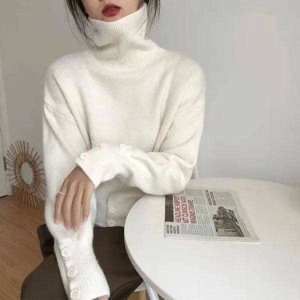 Women Autumn Knitted Turtleneck Sweater Pullovers Casual Elegant Elastic Hem Single Breasted Buttons Cuffs Pullovers Jumpers Top - Image 6