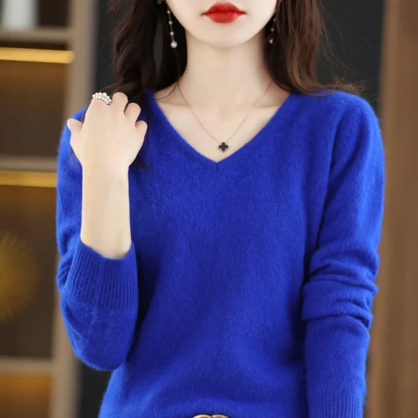 Women's Flat V-neck Mink Cashmere Sweater New Autumn/winter 2023 Knitted Loose Pullover Commuter Basic Knit Top - Image 4
