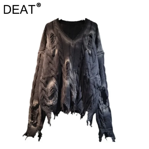 DEAT Women's Sweater Knitted Loose Broken Holes Washed Irregular Black V-neck Short Pullover 2025 New Fashion Spring 11A01761