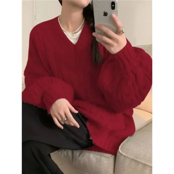 Women V Neck Thick Sweaters Knitted Twist Pullovers Jumpers Y2k Casual Loose Cute Solid Warm Tops Autumn Winter Streetwear - Image 6