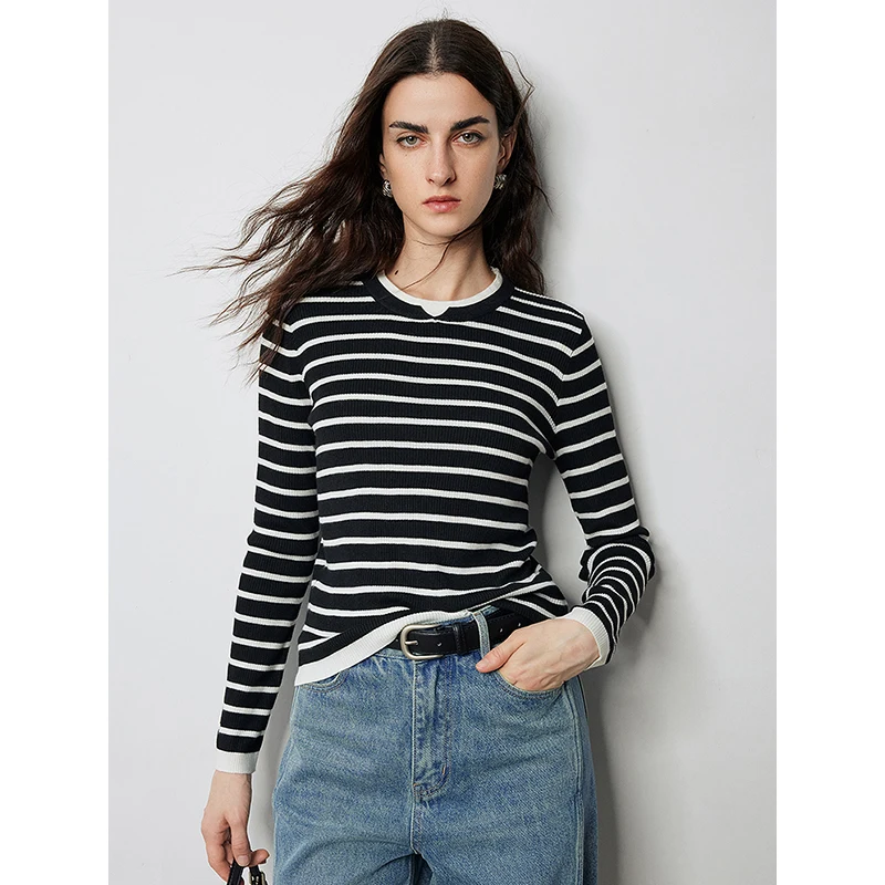 TOYOUTH Women Wool Knitted Sweater 2024 Autumn Winter Fake Two Piece Contrasting Color Slim Fit Knitted Sweater - Image 2