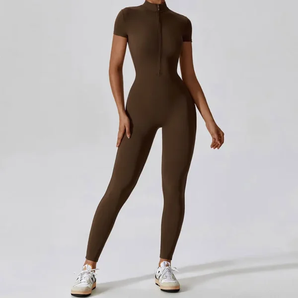 Summer Short Sleeved Zippering One-Piece Yoga Suit Dance Fitness Workout Set Stretch Bodysuit Gym Clothes Push Up Sportswear - Image 3