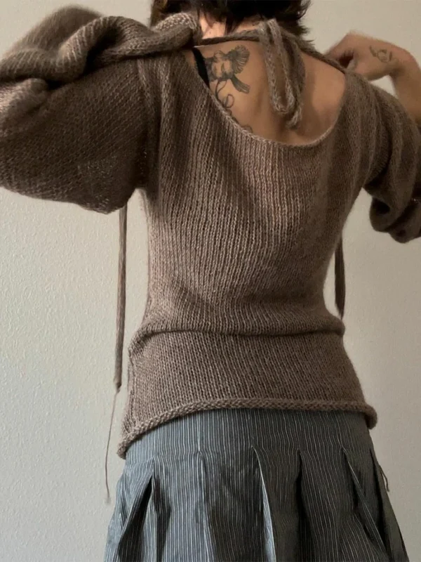 Y2K Tie Back Sweaters Women Long Sleeve Boat Neck Solid Color Knitted Pullover Casual Crochet Tops 2023 Fall New - Image 3