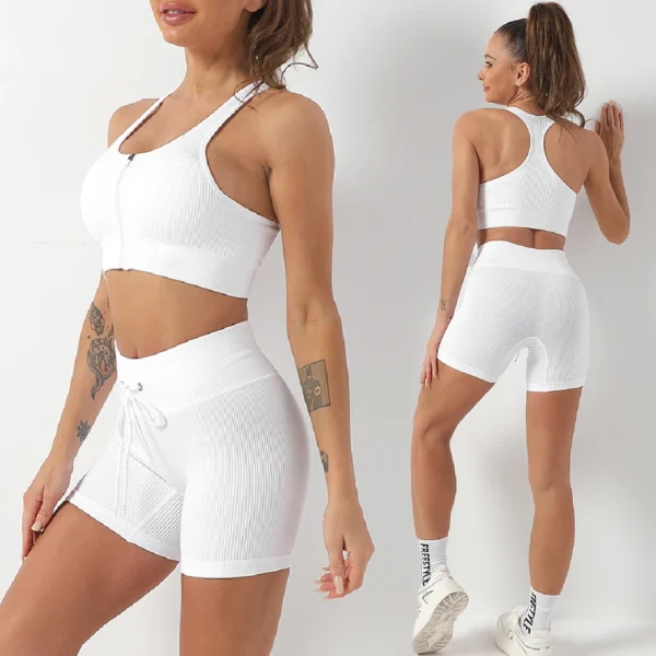 Women Yoga Set Workout Sportswear Gym Clothing Sport Set Sports Bra Shorts Workout Outfit Rib knitting Gym Suit Female Clothes - Image 2