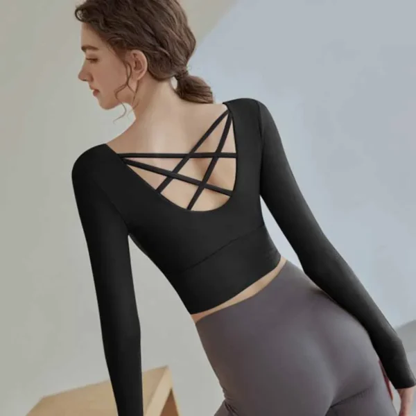Women Long Sleeved Sports Shirt Beautiful Cross Back Yoga Wear Running Crop Top Sportswear With Chest Pad Fitness Gym Top - Image 5