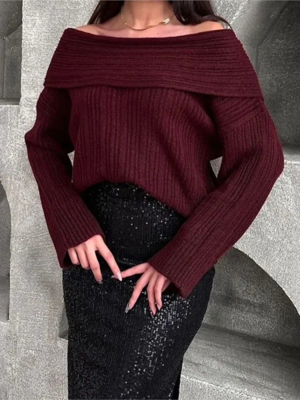Women Sexy Solid One Neck Ribbed Sweater Fashion Off Shoulder Long Sleeve Knitted Pullover 2024 Autumn Lady Chic Street Knitwear - Image 2