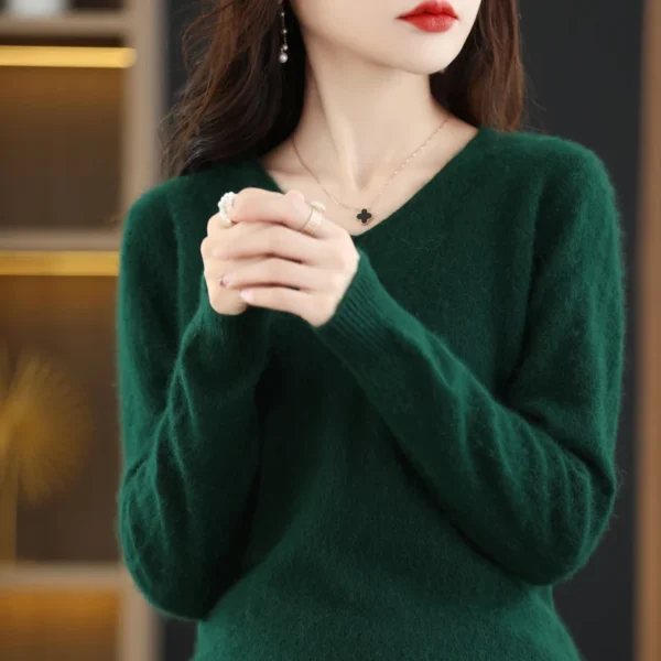 Women's Flat V-neck Mink Cashmere Sweater New Autumn/winter 2023 Knitted Loose Pullover Commuter Basic Knit Top - Image 6