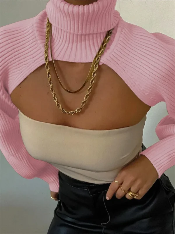 Fashion Women Extr-short Sweater Long Sleeve Mock Neck Knit Tops Fall Winter Shrug Knitwear - Image 4