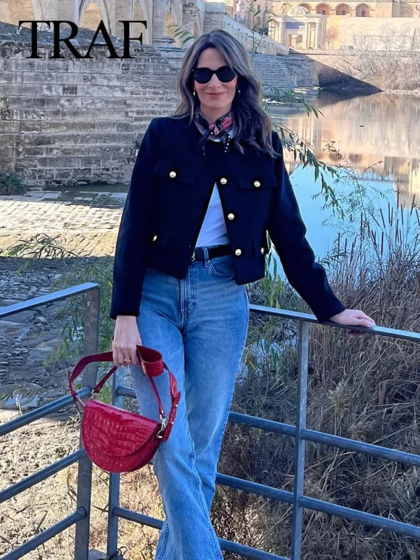 TRAF 2024 Fashion Women Bomber Cropped Jackets Female Golden Button Blazer Spring Women's Chic Streetwear Outwear Top - Image 3