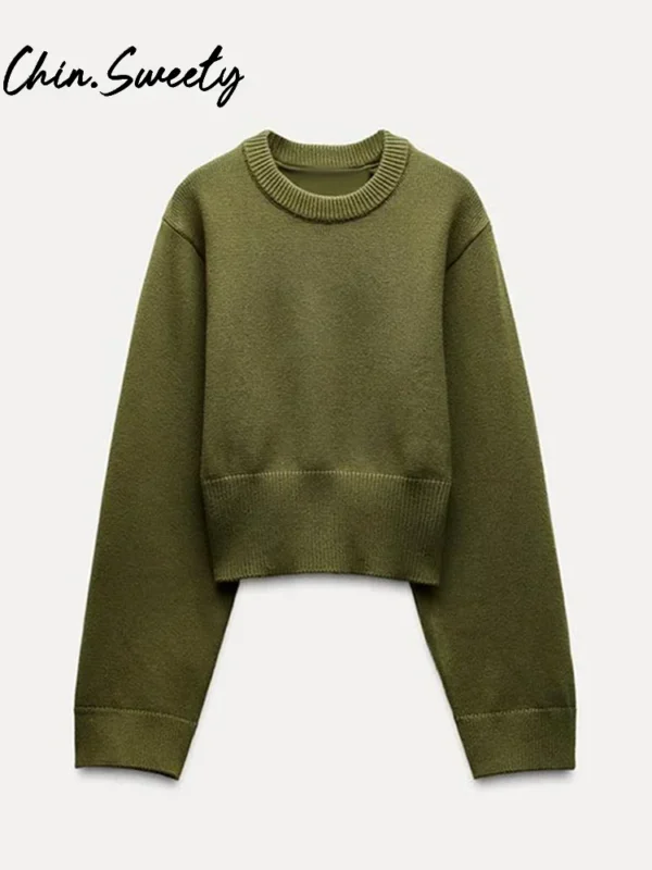 Women's Solid Knitted Crop Sweater Y2K O-neck Long Sleeve Pleated Female Short Pullover 2025 Spring Lady All-match Knitwear - Image 4