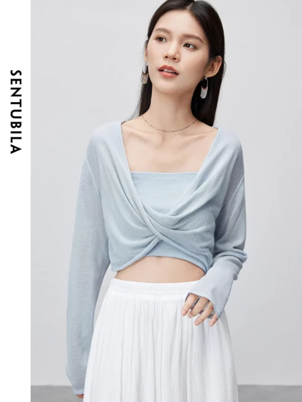 SENTUBILA Casual Cropped V-neck Knitted Pullovers 2024 Summer Fashion Loose Thin Soft Long Sleeve Top Woman Clothing W42H55450 - Image 3