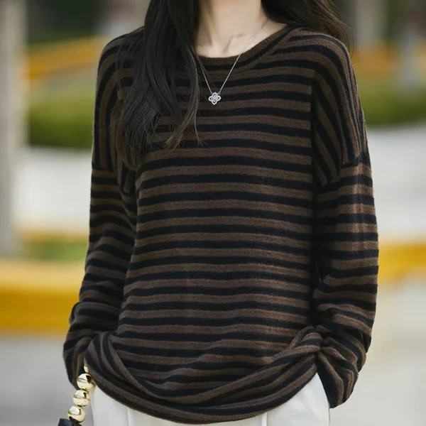 Autumn Winter New 100% Wool Sweater Women's Round Neck Striped Loose Long Sleeved Pullover Korean Fashion Knit Clothing Female - Image 3
