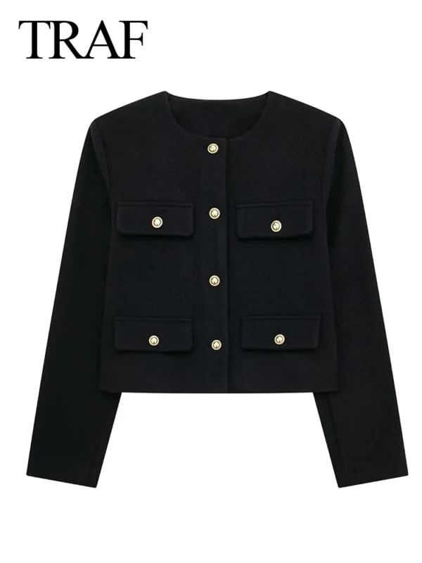 TRAF 2024 Fashion Women Bomber Cropped Jackets Female Golden Button Blazer Spring Women's Chic Streetwear Outwear Top - Image 5