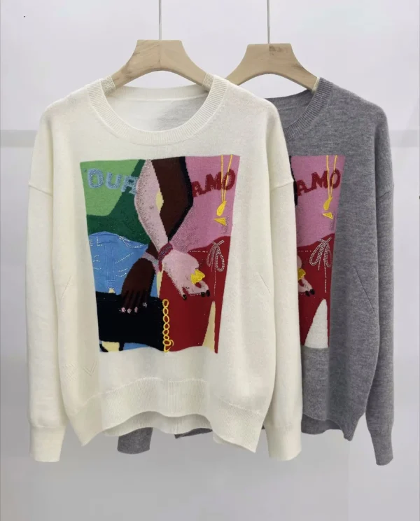 Spring and Autumn New Round Neck Color Letter Portrait Design Loose Silhouette Cashmere Sweater Top Women