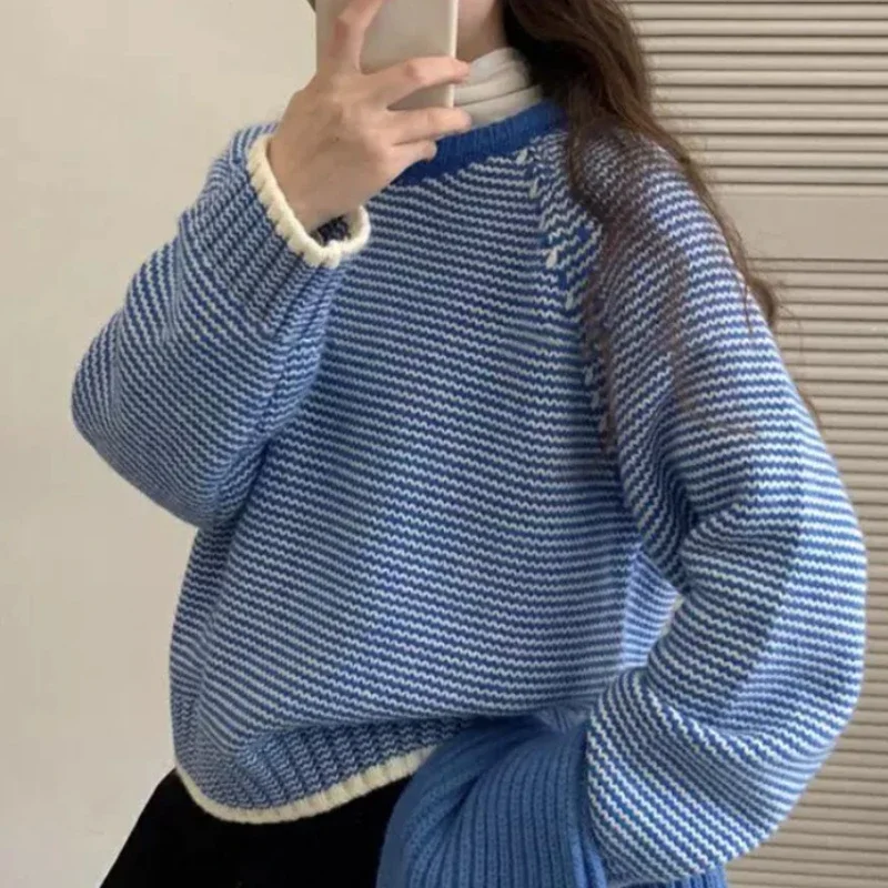 Pullovers Sweaters Women Top Knitted Blue Round Neck Casual Loose Jumpers Spring Y2k Tops Elegant Striped Knit Streetwear