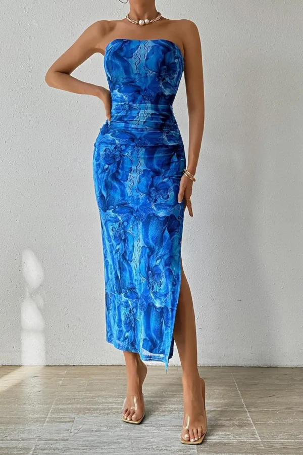 Summer Women Sexy Chestless Hem Slit Sleeveless Printed Dress - Image 2