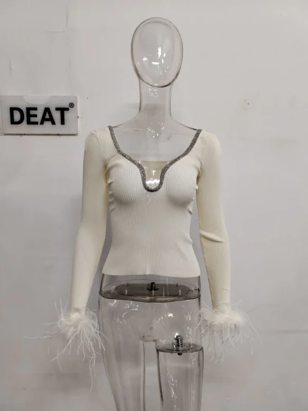 DEAT Fashion Women's Knitted Pullover Round Neck Slim Solid Color Feather Patchwork Sleeved Sweater Autumn 2025 New Tide 7AB2776 - Image 6