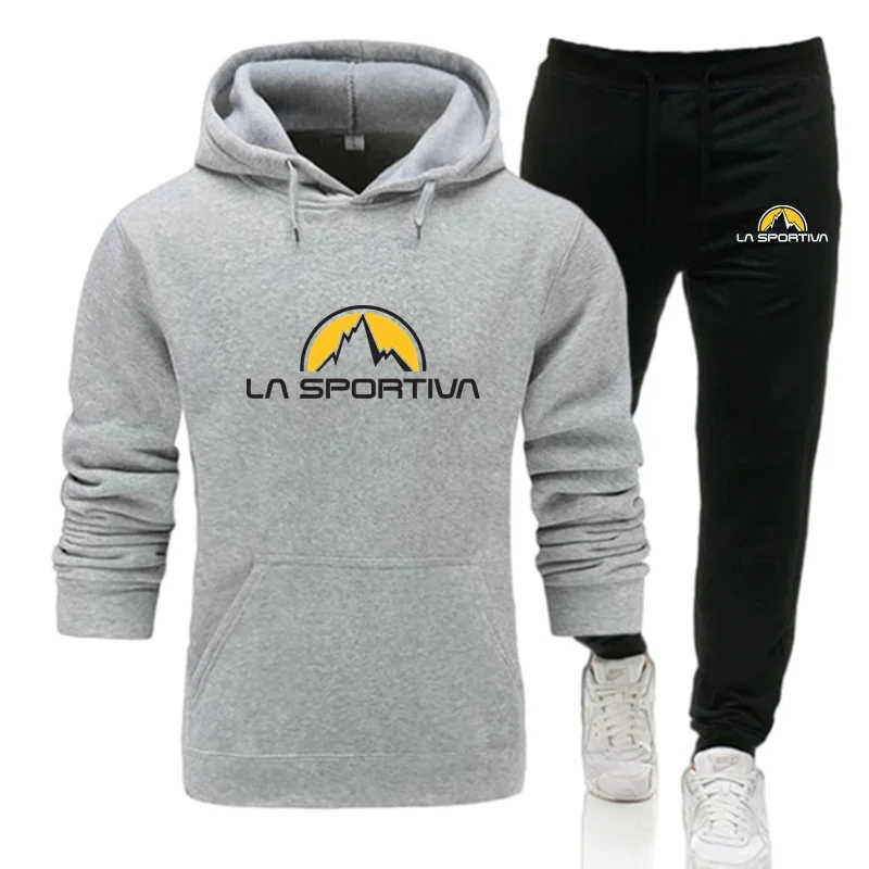 La Sportiva Men's Tracksuit Hooded Pullover + Sweatpants Sports Suit Casual Jogger Sportswear 2 Piece Male Fleece Running Set