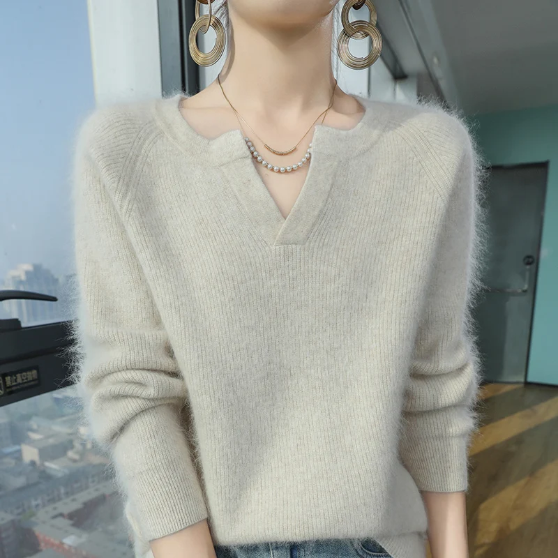 Women's 100% mink cashmere Sweater, V-neck Pullover, Solid Color Knitted, Full Sleeve, New Product, Fashion O-neck sweater