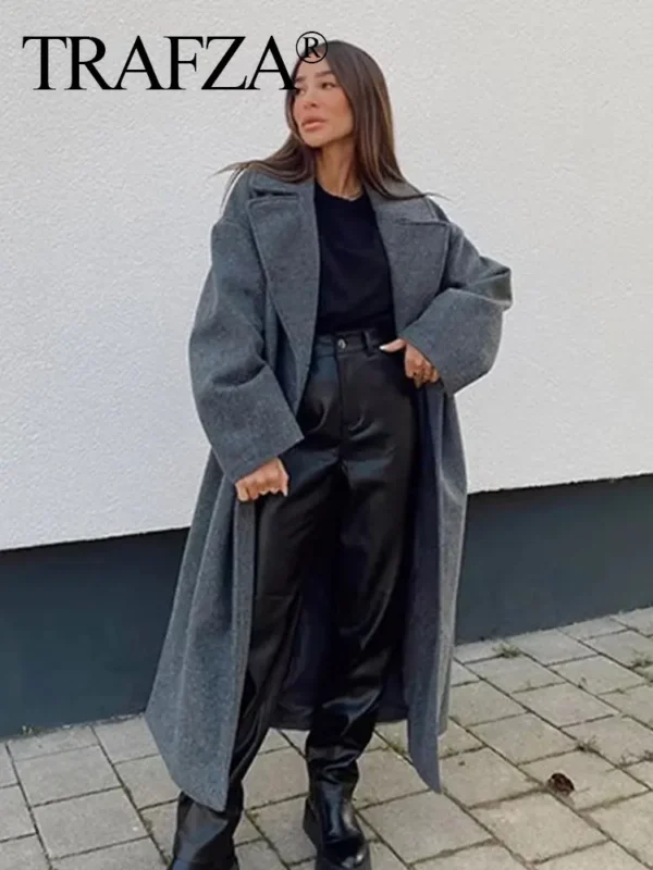 TRAFZA Winter Coat For Women 2024 Solid Lapel Double Breasted Long Cardigan Top Female Pokcet Streetwear Woman New In OuterCoat - Image 4